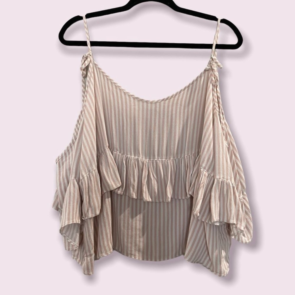 American Eagle Outfitters Stripe Cold Shoulder Flutter Ruffle Crop Top Pink XXL
